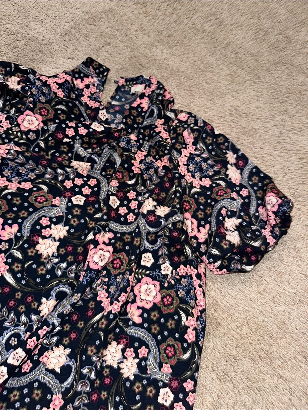 LOFT Navy Floral Peasant Blouse with Pink Flowers
